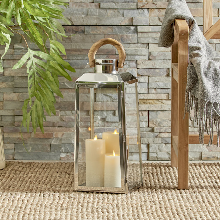 Chrome and Teak Outdoor Hanging Candle Lantern