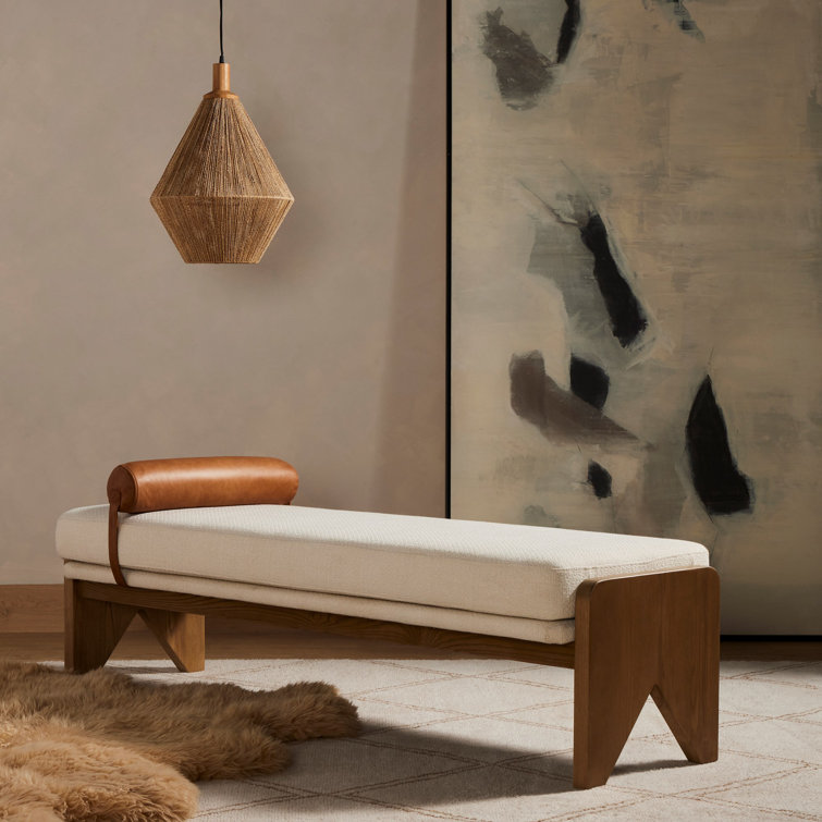 White Upholstered Bench with Ash Base and Leather Bolster