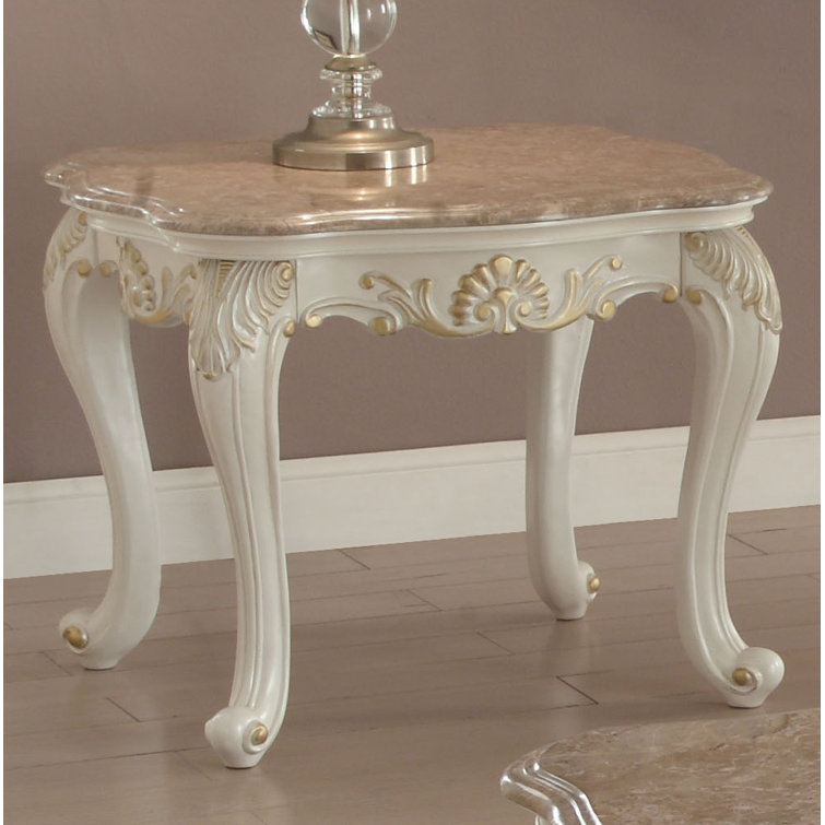 Pearl White and Gold Rectangular Wooden End Table with Marble Top and Storage