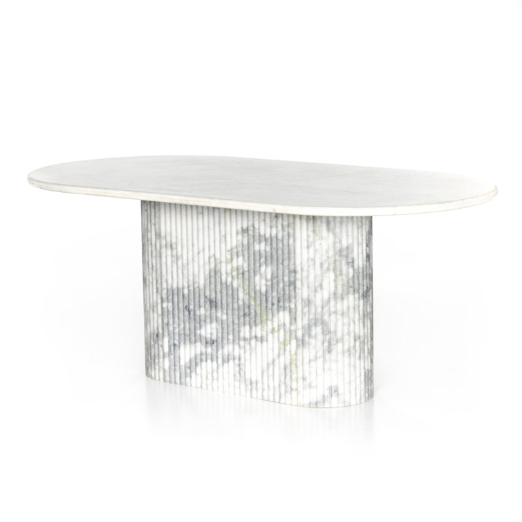 Polished White Marble Oval Dining Table with Fluted Base