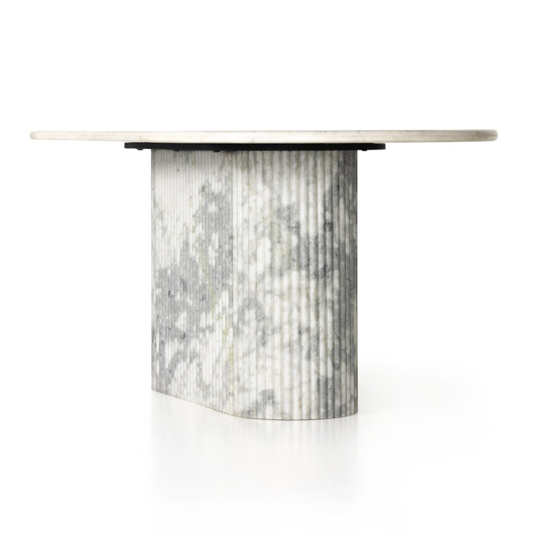 Polished White Marble Oval Dining Table with Fluted Base
