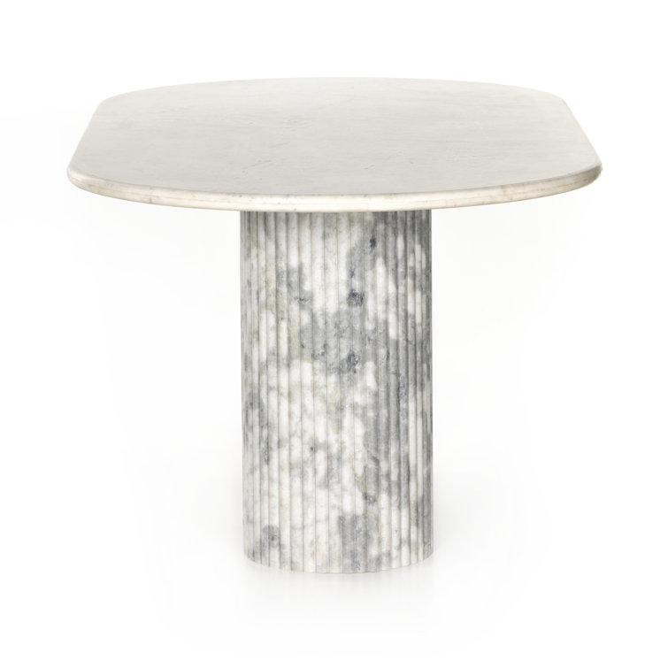 Polished White Marble Oval Dining Table with Fluted Base