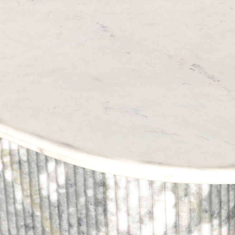 Polished White Marble Oval Dining Table with Fluted Base