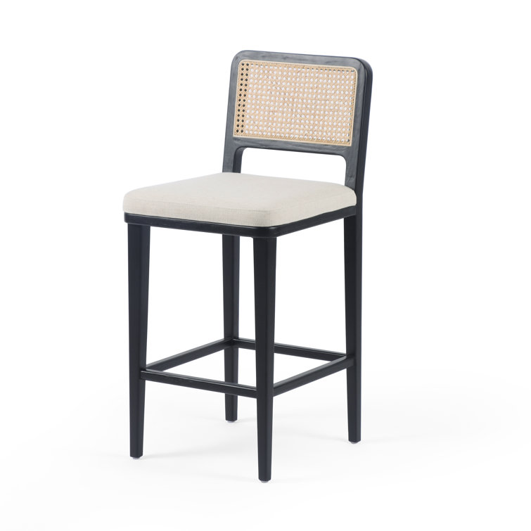 Modern White Linen & Black Beech Wood Counter Stool