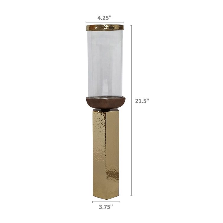 Ares Gold Hammered Aluminum & Mango Wood Hurricane Candle Holder - 21"