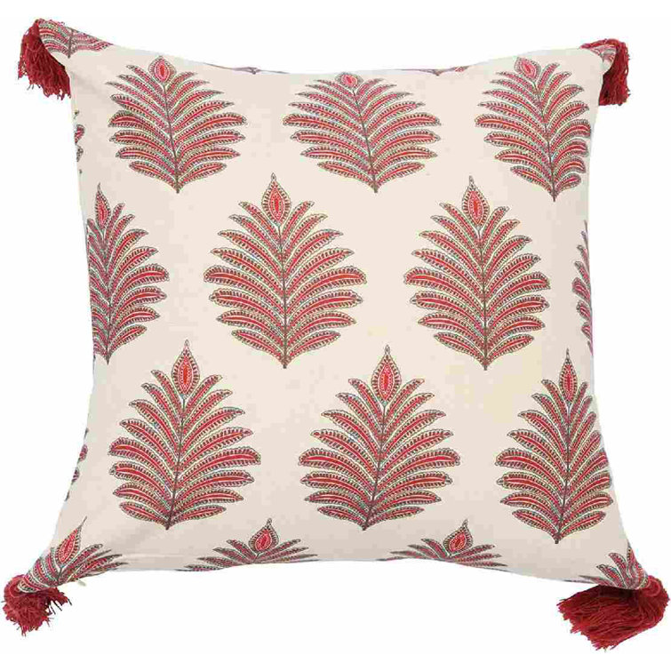 Red and Beige Cotton Fern Pattern Throw Pillow Cover