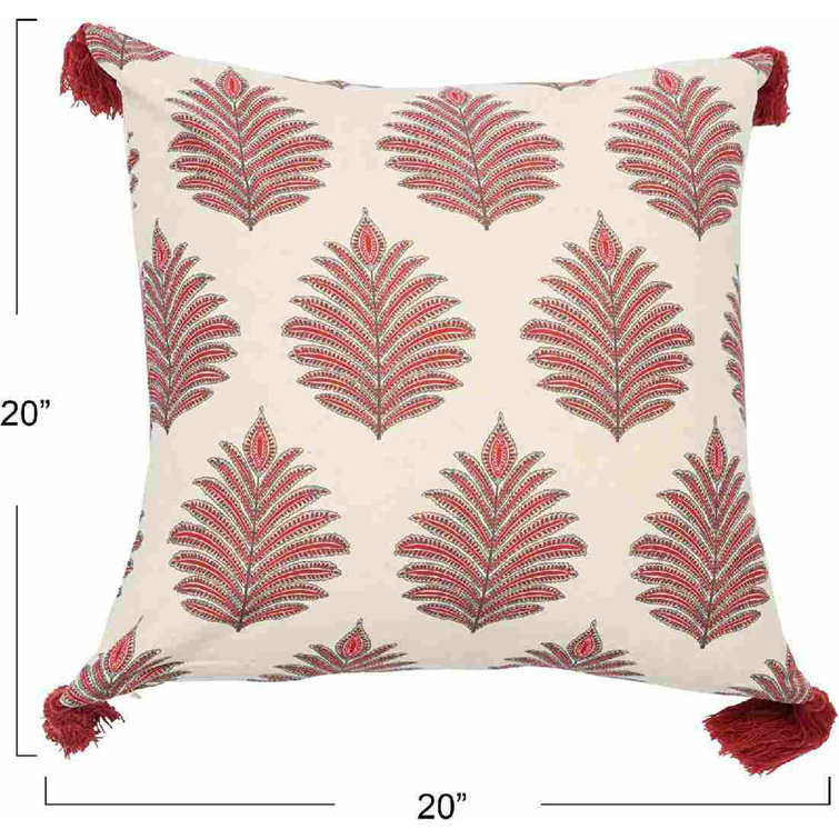 Red and Beige Cotton Fern Pattern Throw Pillow Cover