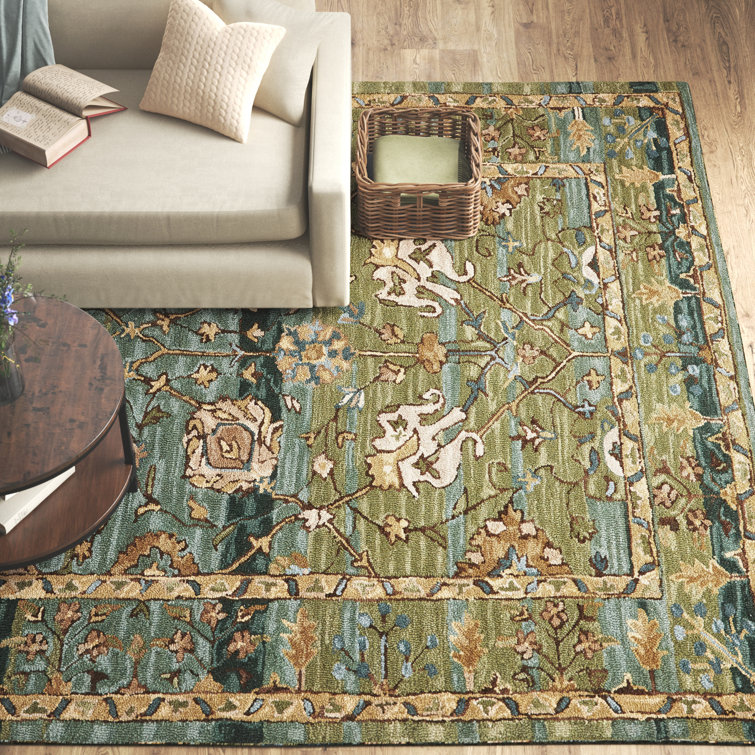Corla Blue and Green Floral Hand-Tufted Wool Rug 8' x 10'