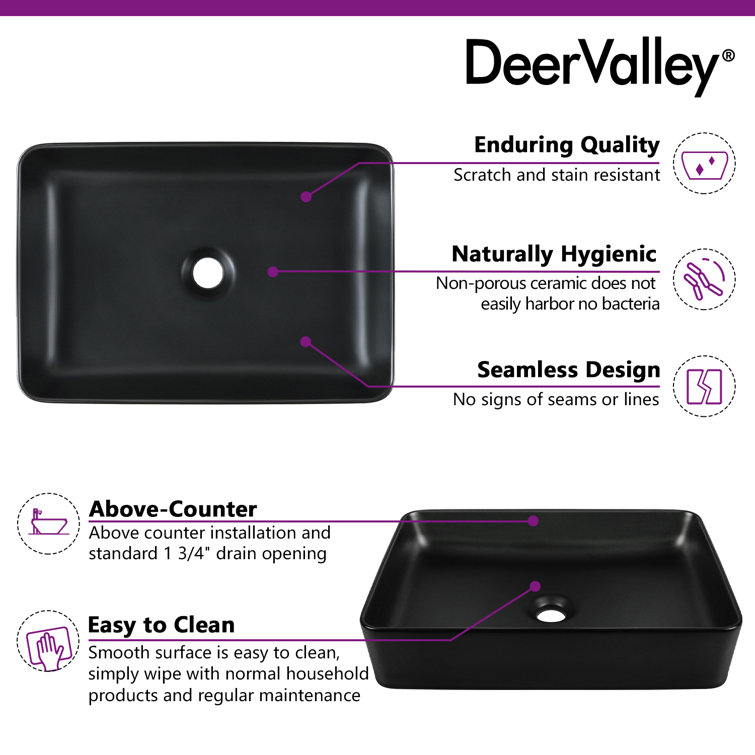 Matte Black Rectangular Ceramic Bathroom Vessel Sink