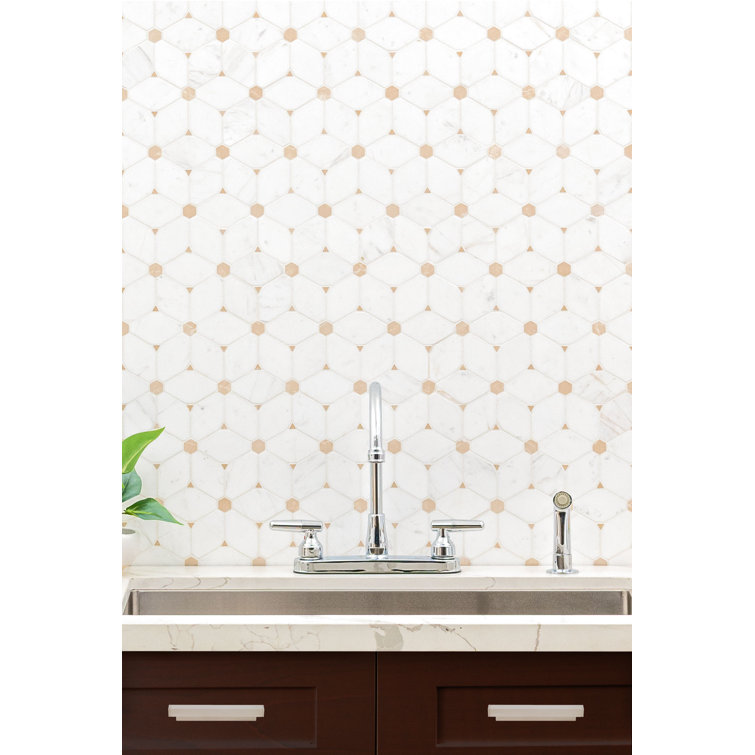Cecily Polished White Marble Mosaic Tile with Geometric Pattern