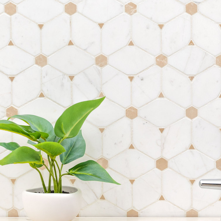 Cecily Polished White Marble Mosaic Tile with Geometric Pattern