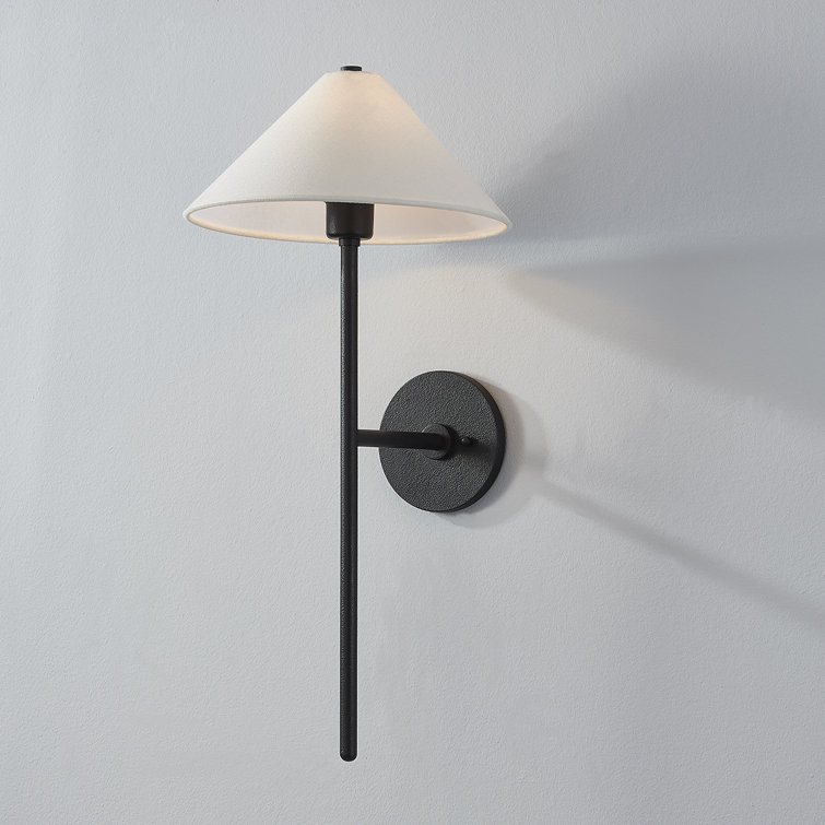 Cedar Forged Iron 1-Light Dimmable Wall Sconce with Off-White Linen Shade