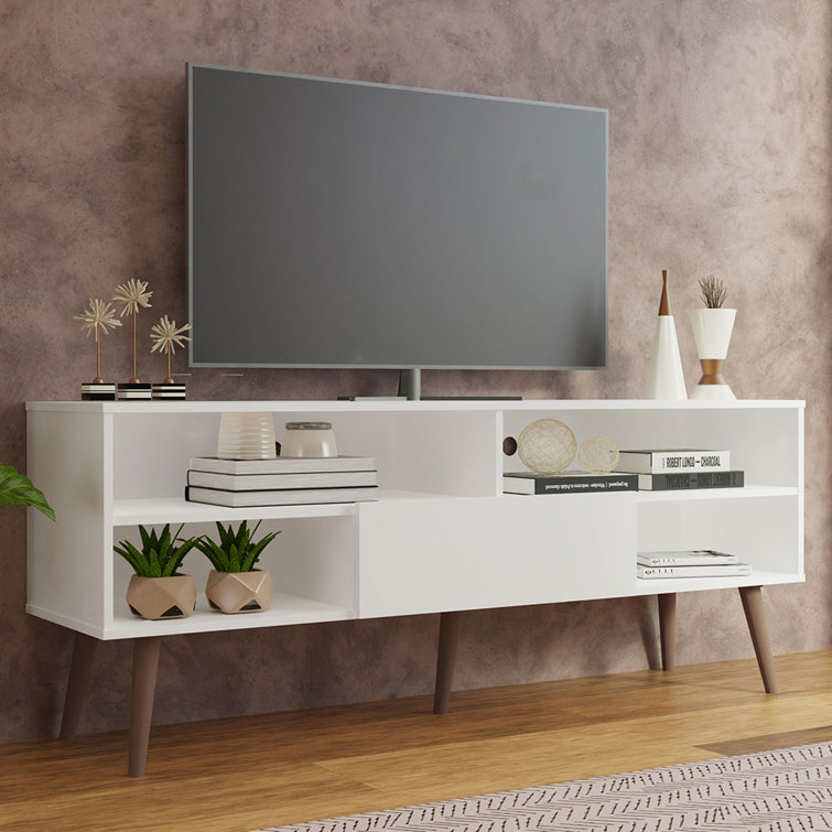 White Modern TV Stand with Shelves and Door for 65 Inch TVs