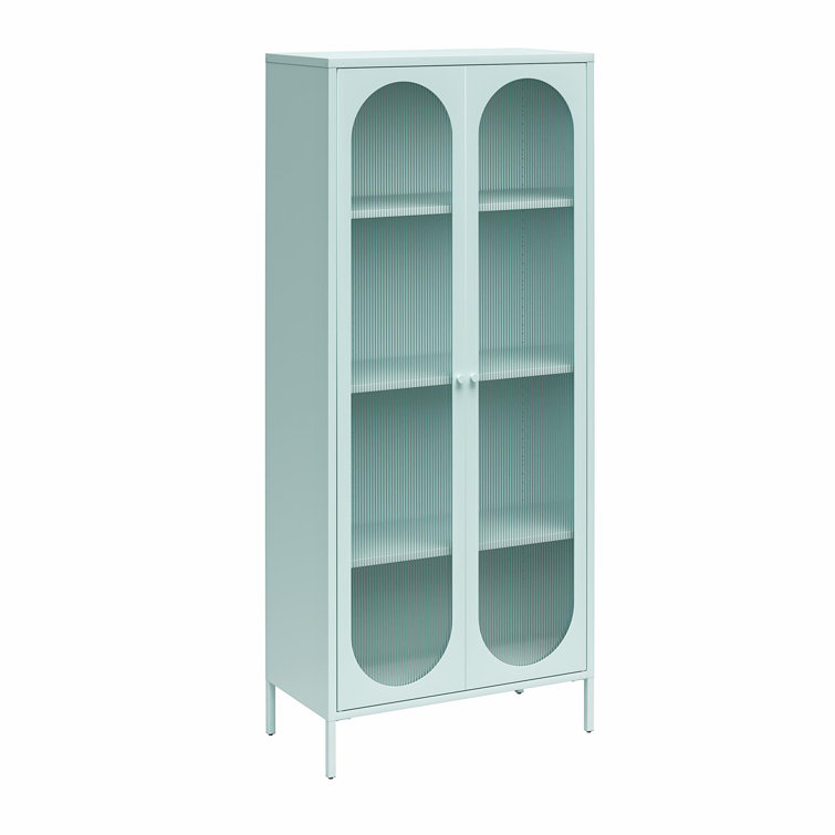 Sky Blue Tall Metal Accent Cabinet with Fluted Glass Doors