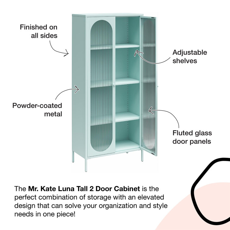 Olive Green Tall Metal Cabinet with Fluted Glass Doors