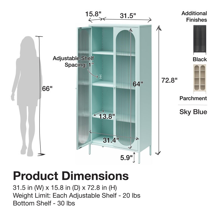 Olive Green Tall Metal Cabinet with Fluted Glass Doors