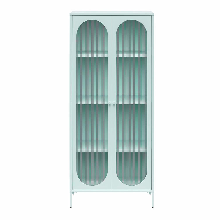 Sky Blue Tall Metal Accent Cabinet with Fluted Glass Doors
