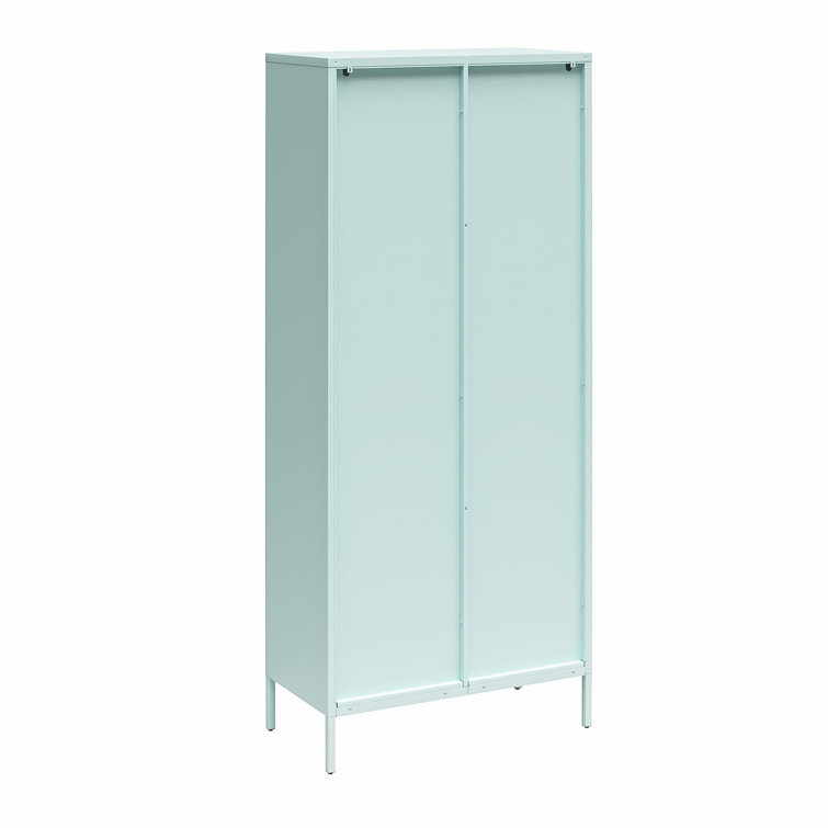 Sky Blue Tall Metal Accent Cabinet with Fluted Glass Doors