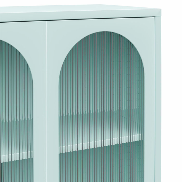 Sky Blue Tall Metal Accent Cabinet with Fluted Glass Doors