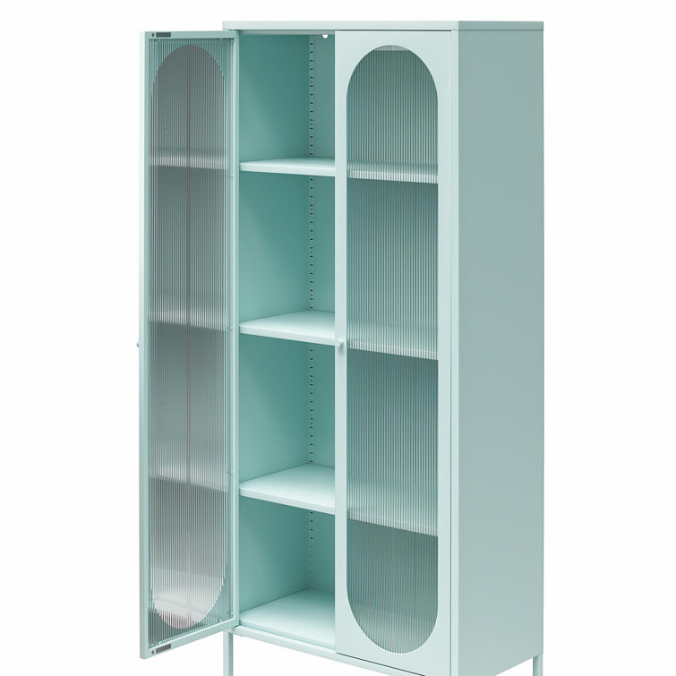 Sky Blue Tall Metal Accent Cabinet with Fluted Glass Doors