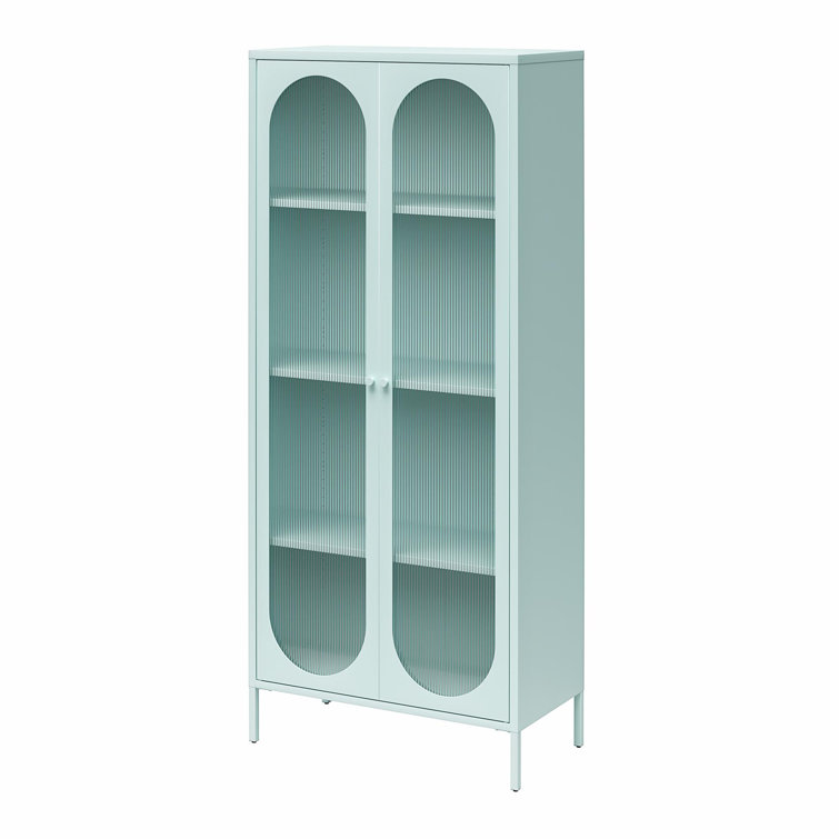 Sky Blue Tall Metal Accent Cabinet with Fluted Glass Doors