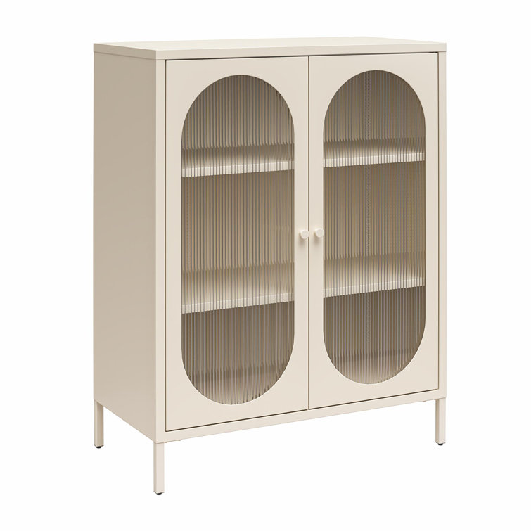 Parchment Metal Accent Cabinet with Fluted Glass Doors