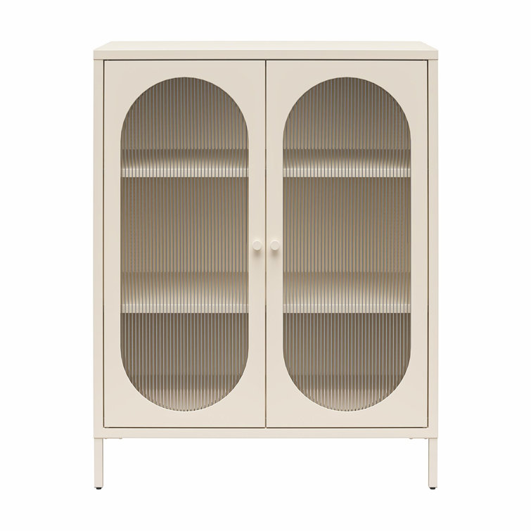 Parchment Metal Accent Cabinet with Fluted Glass Doors