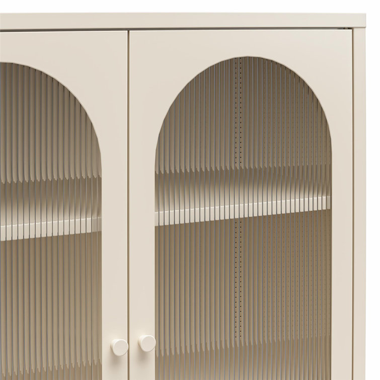 Parchment Metal Accent Cabinet with Fluted Glass Doors