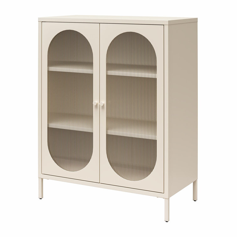 Parchment Metal Accent Cabinet with Fluted Glass Doors