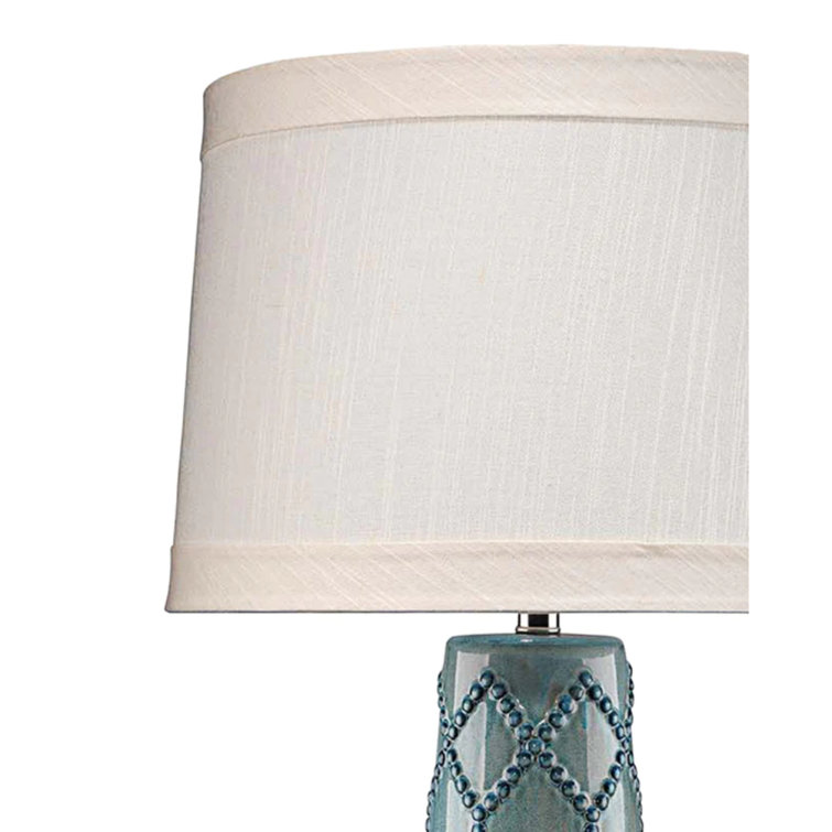 Teal Ceramic Table Lamp with Off-White Linen Shade