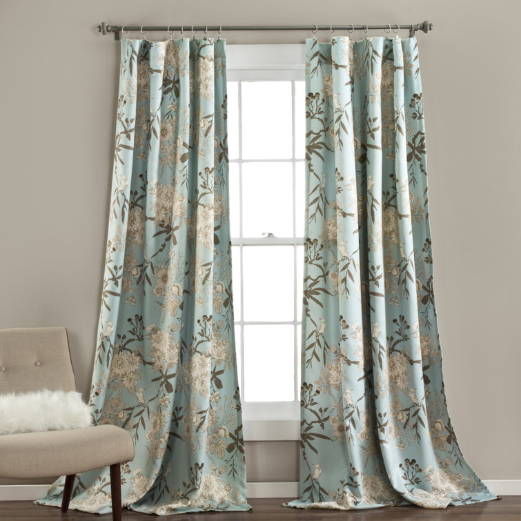 Blue Botanical Garden Polyester Room Darkening Curtain Pair