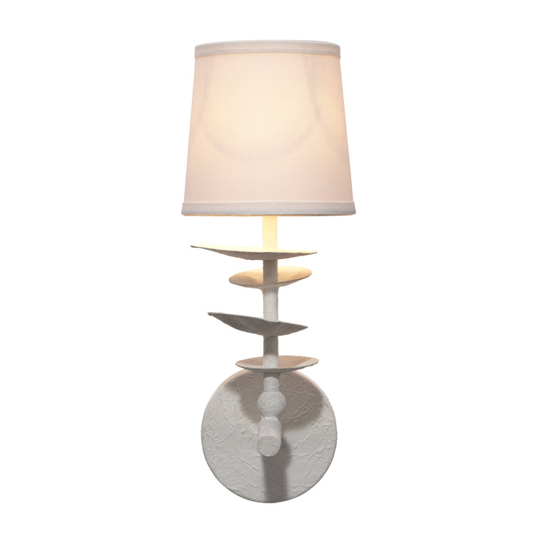White Textured Cement Sconce with Linen Shade