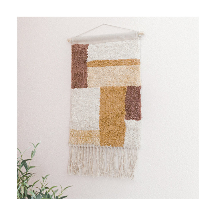 Handmade Beige and Brown Cotton Wall Hanging with Wooden Dowel