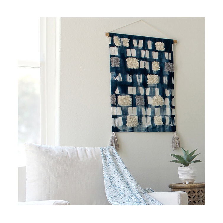 Ocean Blue and White Cotton Canvas Wall Hanging, 18" x 21"