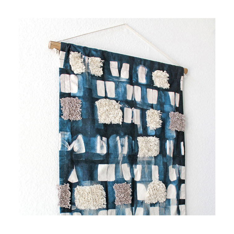 Ocean Blue and White Cotton Canvas Wall Hanging, 18" x 21"