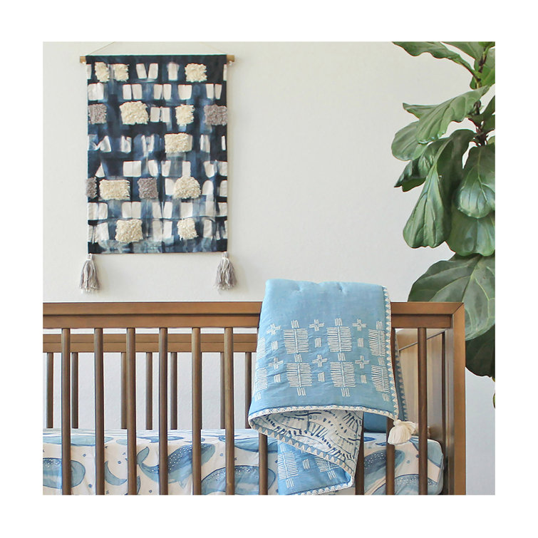 Ocean Blue and White Cotton Canvas Wall Hanging, 18" x 21"