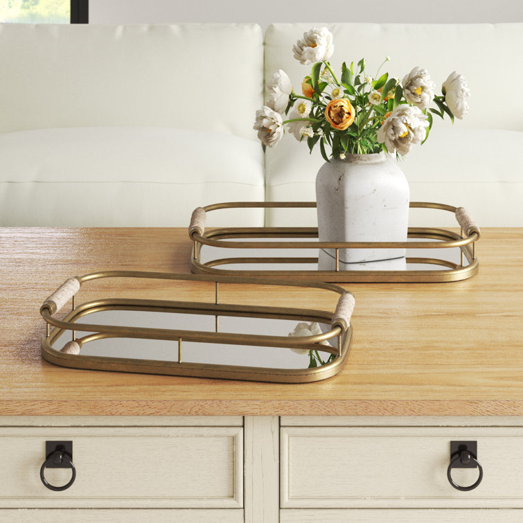 Gold and Rope Rectangular Mirror Vanity Tray Set
