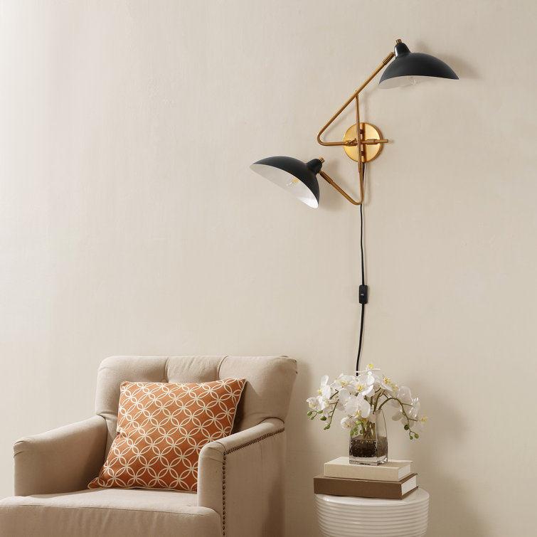 Aspera Mid-Century Black Iron Dual-Arm Plug-In Wall Sconce