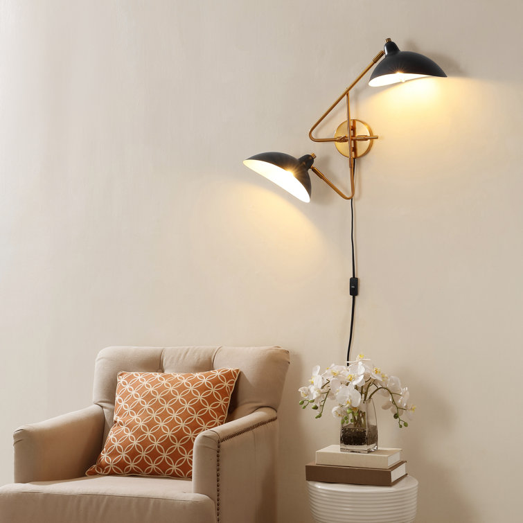 Aspera Mid-Century Black Iron Dual-Arm Plug-In Wall Sconce