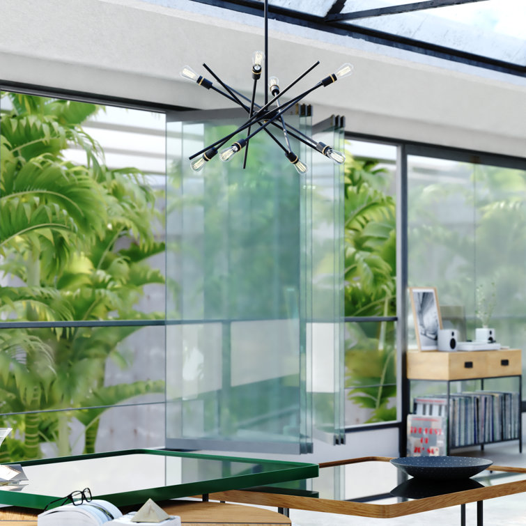 Halsted 29.25" Black and Satin Brass Mid-Century Modern Chandelier