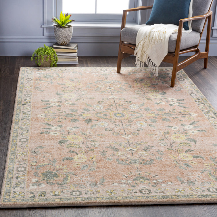 Gray and Pink Oriental Floral Synthetic Area Rug 5' x 7'