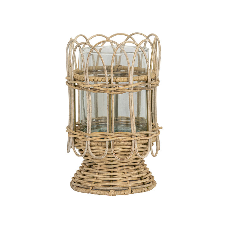 Beige Ceramic Coastal Candle Holder with Rattan Accent