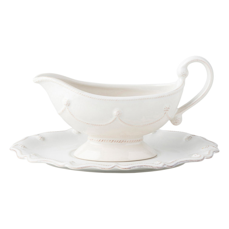 White Ceramic Twisted Cord Trim Gravy Server with Stand