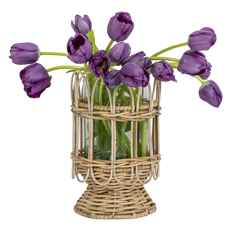 Beige Ceramic Coastal Candle Holder with Rattan Accent