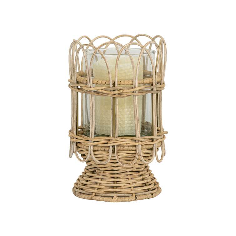 Beige Ceramic Coastal Candle Holder with Rattan Accent