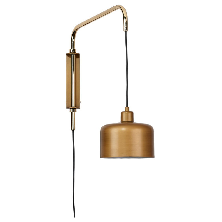 Satin Brass Adjustable Swing Arm Sconce with Dimmable Gold Shade