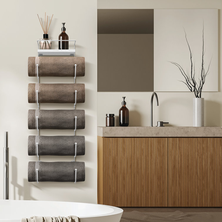 White Wall Mounted Towel Rack with Wooden Shelf
