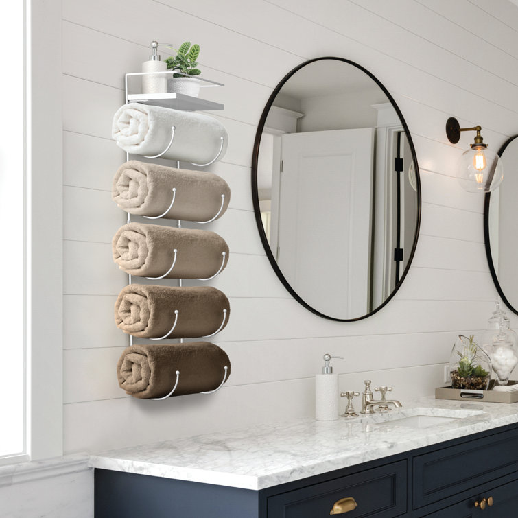 White Wall Mounted Towel Rack with Wooden Shelf