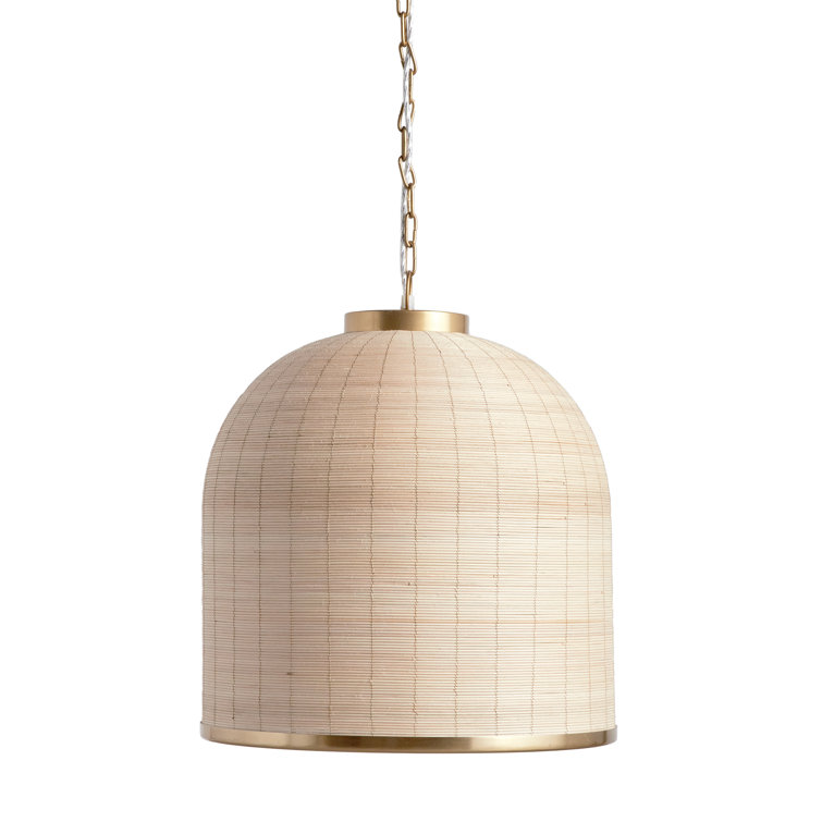 Natural Cane Rattan and Brass Dome Pendant Light