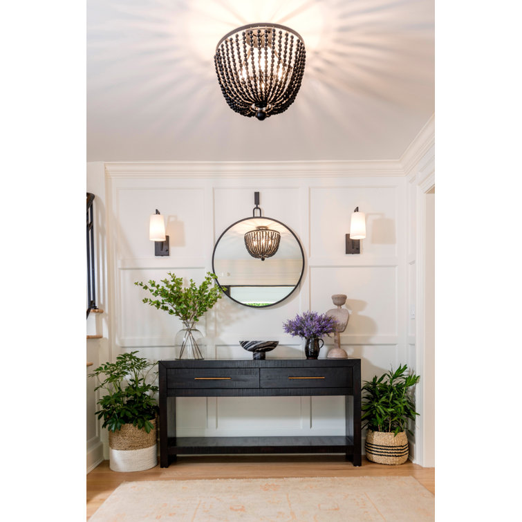 Mini Matte Black Crystal and Wood Bead 4-Light Chandelier